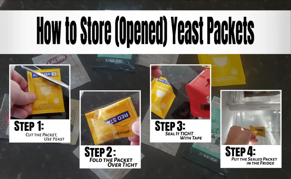 This infographic shows how to properly store a half-used dry yeast packet once it's been opened.